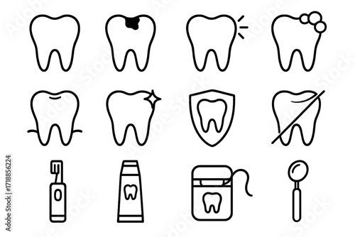 Dental care line icon set. Dentistry and oral hygiene symbols. Tooth collection with caries, clean, protection shield, floss, toothbrush, toothpaste and dentist tools vector.