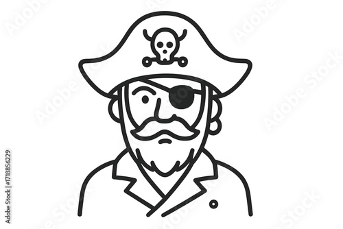 Pirate head logo. Vector thin line icon. Captain character with eyepatch, beard and hat with skull. Buccaneer mascot for team or brand. Corsair sailor simple outline portrait.