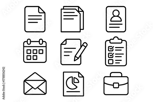 Office work and business management line icon set. Thin outline vector symbols. Document, report chart, contact id, mail envelope, calendar, portfolio and checklist icons.