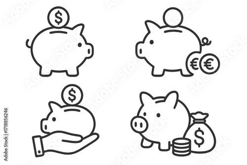 Piggy bank line icon set. Money saving, finance, investment concept. Piggybank with dollar and euro coins. Financial savings, economy, budget vector outline pictograms.