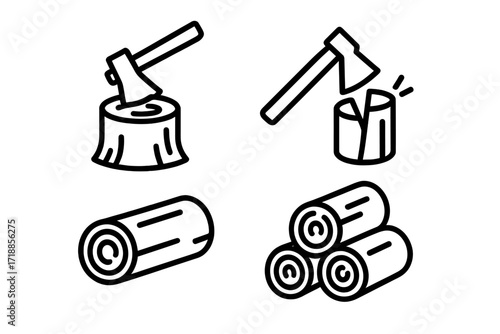 Firewood and axe icons. Chopping wood vector line icon set. Log, stump, timber, woodpile symbols. Lumberjack, forestry, fuel concept. Outline linear pictogram collection.