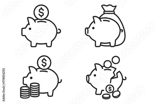 Piggy bank line icon set. Money saving, finance, investment concepts. Piggybank with dollar coins, money bag. Broken piggy for bankruptcy, crisis. Vector illustration.