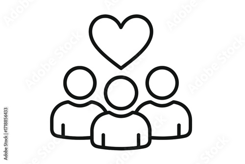 Customer satisfaction, user loyalty, and positive feedback concept. Team care, community support icon. Group of people with a heart symbol. Vector for CRM, web, and charity.