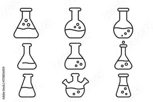 Laboratory flask and beaker line icon collection. Science and chemistry research equipment. Outline vector signs for experiment, analysis, and medical lab tests. Scientific glassware.