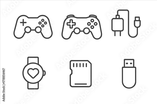 Electronics and technology gadget thin line icon set. Game controller, smartwatch, USB charger, flash drive, and memory card. Gaming and data storage vector symbols. Editable stroke.