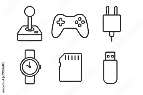 Technology gadget icon set. Vector line art collection. Joystick, gamepad, controller, charger, watch, memory card, USB flash drive. Gaming and electronics concept. Editable stroke.