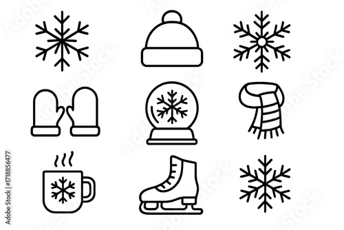Winter thin line icon set. Snowflake, hat, mittens, scarf, ice skate vector symbols. Christmas holiday outline signs for graphic design, web, apps. Cold weather elements.