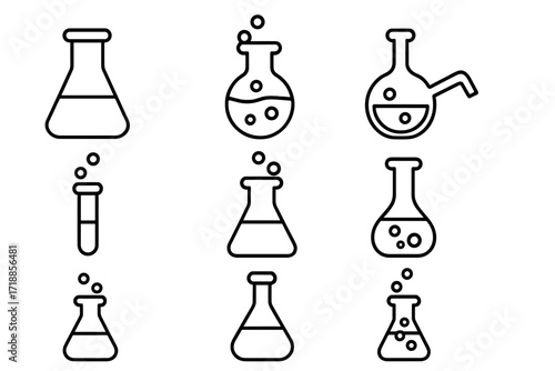 Set of laboratory flask and test tube line icons. Chemistry and science experiment vector symbols. Outline illustration of chemical reaction, research equipment, and glassware.