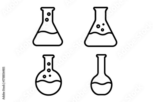 Laboratory flask line icon set. Chemistry glassware outline symbol. Science experiment beaker & tube vector. Research, chemical reaction, lab equipment for web design, app.