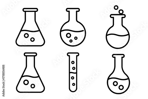 Laboratory flask and test tube line icon set. Chemistry science research symbol collection. Vector outline illustration of chemical experiment glassware with liquid and bubbles.