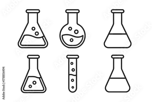 Laboratory flask line icon collection. Chemistry glassware outline signs for science, education, web design, apps. Vector cartoon illustration of chemical research and experiment.