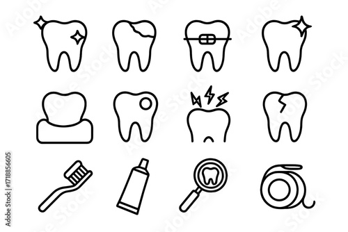 Dental care line icon set. Dentistry stomatology outline pictograms. Tooth treatment, caries, crown, braces, toothache, cleaning, hygiene, floss, paste. Dentist clinic vector signs.