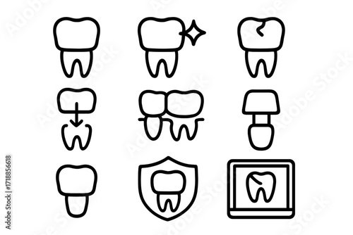Dental crown line icon set. Dentistry, stomatology, oral care concepts. Tooth implant, bridge, veneer, broken tooth, x-ray, protection. Outline vector graphic for web design.