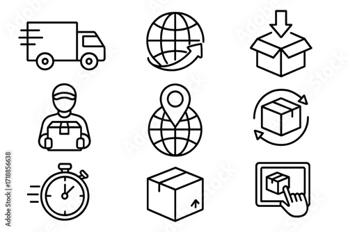 Global delivery & logistics line icon set. Vector outline symbols for shipping, e-commerce, web, and apps. Includes truck, courier, worldwide tracking, fast service, return.