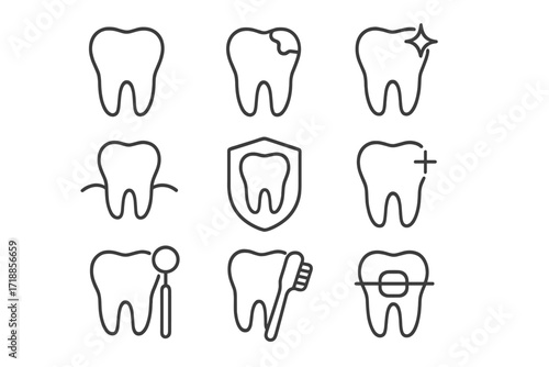 Dental care line icon set. Teeth, dentistry, stomatology, orthodontics concept. Tooth treatment, caries, cleaning, whitening, braces, check-up, protection vector pictograms.