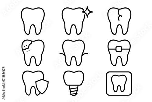 Teeth line icon set. Dental care and stomatology concepts. Healthy tooth, caries, implant, braces, cracked tooth, whitening, protection, xray. Outline vector symbols for web.