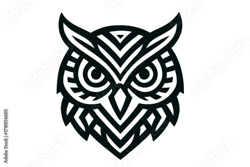 Geometric owl head vector icon. Tribal bird logo design. Abstract animal face illustration for emblem, tattoo, or brand identity. Modern minimalist wildlife symbol.