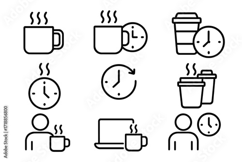 Coffee break time icons set. Hot coffee cup, takeaway drink, clock, person, laptop, break time concept. Line art vector symbols for web, app, commercial, break reminder, staff room design