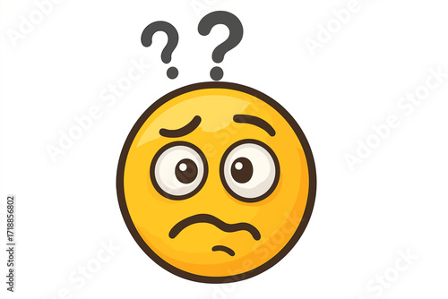 Confused emoticon with question marks. Vector emoji thinking, having a problem or doubt. Facial expression of uncertainty, surprise, and worry. Puzzled smiley face icon.
