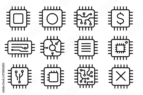 Microchip Line Icon Collection. Editable Stroke Vector Circuit Board Processor Microprocessor Minimal Linear Pictogram Set for Technology App, Card, Banner, Web, Software Design Concepts