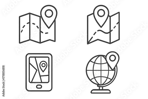 Location and map icon set. GPS navigation pin for direction and route finding. Pointer on smartphone and globe for travel and destination concept. Simple outline vector icons.