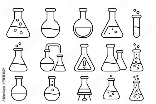 Laboratory Flask and Chemistry Beaker Line Icons Set. Outline Science Symbols for Web Design, Mobile Apps, Educational Materials, Advertisements, Cards. Vector Illustration Transparent Background