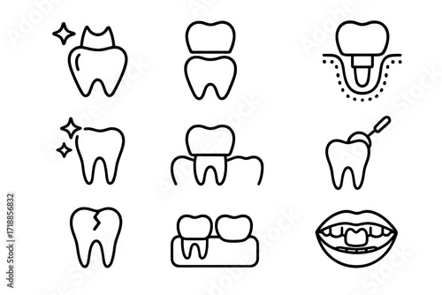 Dental crown icons set. Tooth restoration line symbols. Dental implant, cracked tooth, oral hygiene, veneer, dental protection, shining teeth, mouth, dentistry treatment outline vector illustration