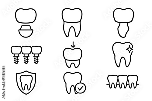 Dental Crown and Oral Health Line Icons Set. Tooth Implant, Crown Placement, Protection, Veneer, Dental Hygiene, Orthodontics, Sparkle, Shield, Check Mark, Clean Teeth. Editable Vector Illustration.