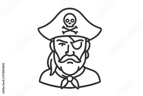 Pirate head vector line icon. Buccaneer captain with eyepatch, beard, and hat with skull. Sea robber character portrait. Corsair, filibuster, sailor for mascot or logo.