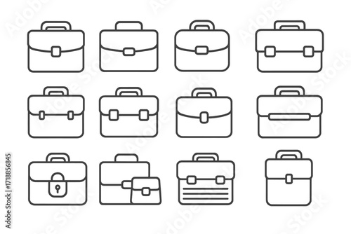 Briefcase line icon set. Business portfolio and work case symbols. Corporate job and finance document bag. Minimal outline vector pictogram collection for web and apps.