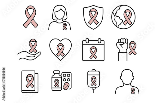 Breast cancer awareness line icon set. Pink ribbon symbol for support, survivor, fight. Vector collection for medical, healthcare, charity design elements. Editable stroke.