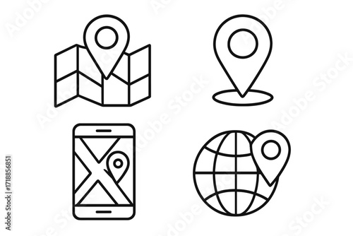 Location icon set vector. Map pin, GPS navigator symbol, destination pointer on mobile phone & globe. Line art for travel, direction, position, route finder, address concept.