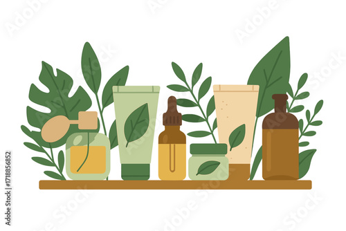 Natural organic cosmetics on shelf. Skincare and beauty products set. Vector illustration with lotion, cream, serum, oil, perfume. Beauty treatment concept with green leaves.