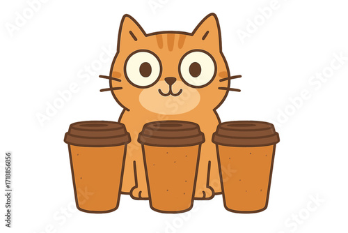 Funny cat with big eyes after drinking too much coffee. Caffeine addiction metaphor. Cute animal character hyperactive from espresso. Morning energy boost concept illustration.
