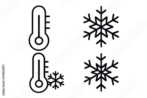 Thermometer and Snowflake Line Icons for Cold Weather, Winter, Temperature, Freezing, Climate, Forecast, App UI, Web Design, Modern Outline Symbols, Transparent Vector Illustration