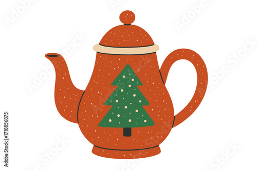 Christmas ceramic teapot. Cute tea kettle in retro style. Hand drawn vector illustration of kitchen crockery. Graphic textured teakettle isolated for holiday design element.