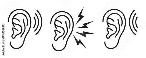 Ear Outline Icons for Normal Hearing, Hearing Loss, and Tinnitus Vector Set 
