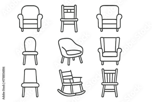 Chair icon set. Furniture line art collection. Includes armchair, rocking chair, and modern seat. Simple outline vector illustration for interior design, web, and apps.