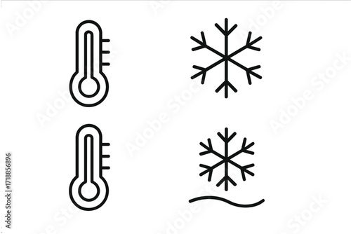 Thermometer and Snowflake Line Icons. Winter Temperature Symbols. Cold Weather, Climate, Freezing, Ice Crystal, Frost, Outline Icons for Apps, Web Design, Advertising, Posters, Cards, Vector Set