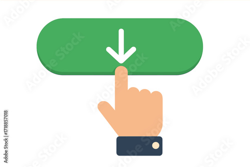 Hand pressing green download button. Finger clicking to save a file. Vector illustration for a web interface. UI UX element. App icon for getting data. Flat design concept.