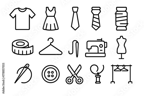 Sewing and tailoring line icon set. Fashion design, dressmaking and garment repair symbols. Vector collection with editable stroke. Includes sewing machine, scissors, needle.