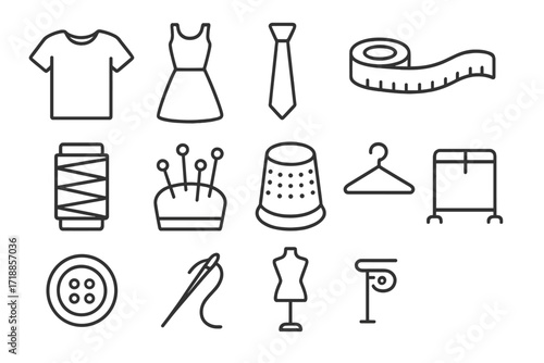 Sewing and tailoring line icon set. Garment, fashion, dressmaking, craft, hobby. Contains t-shirt, dress, measuring tape, thread, needle, button, mannequin vector symbols.