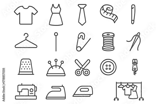 Sewing and tailoring line icon set with editable stroke. Vector symbols for fashion design, needlecraft, dressmaking, and handmade crafts. Includes machine, scissors, iron, thread.