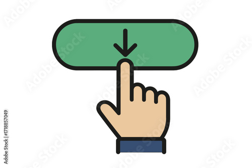 Hand cursor pressing a green download button. Finger clicking to get or save a file. User interface element for website or mobile app. Flat vector illustration icon.