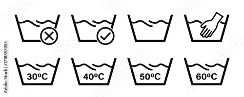 Laundry Care Line Icons, Washing Temperature, and Hand Wash Vector 