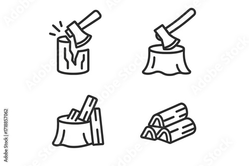 Wood chopping and logging icon set. Axe splitting log and stuck in stump. Firewood preparation. Deforestation, lumberjack work outline symbols. Vector for apps and web.