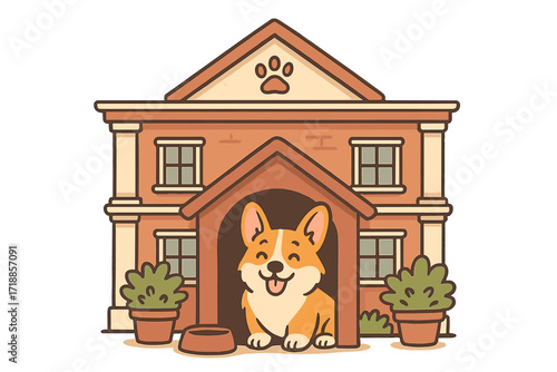 Cheerful Corgi dog inside a fancy doghouse. Exquisite pet hotel or daycare concept. Animal shelter building vector illustration for pet grooming, boarding, or veterinary clinic.
