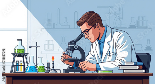 A scientist in a lab coat examines a sample under a microscope, surrounded by beakers and books.