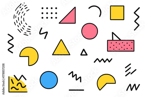 Vector abstract geometric shapes set in Memphis style. Colorful retro 80s 90s design elements. Trendy isolated objects for pattern, poster, banner, or modern background.