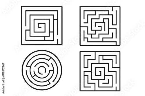 Vector maze collection. Labyrinth puzzle game set for finding a solution. Pathfinding challenge concept. Simple square and round shapes for logic games. Easy to edit icons.